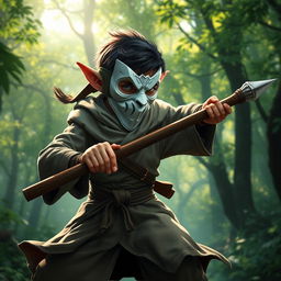 A halfling monk character from Dungeons and Dragons, featuring a striking white plastic mask inspired by styles in video games
