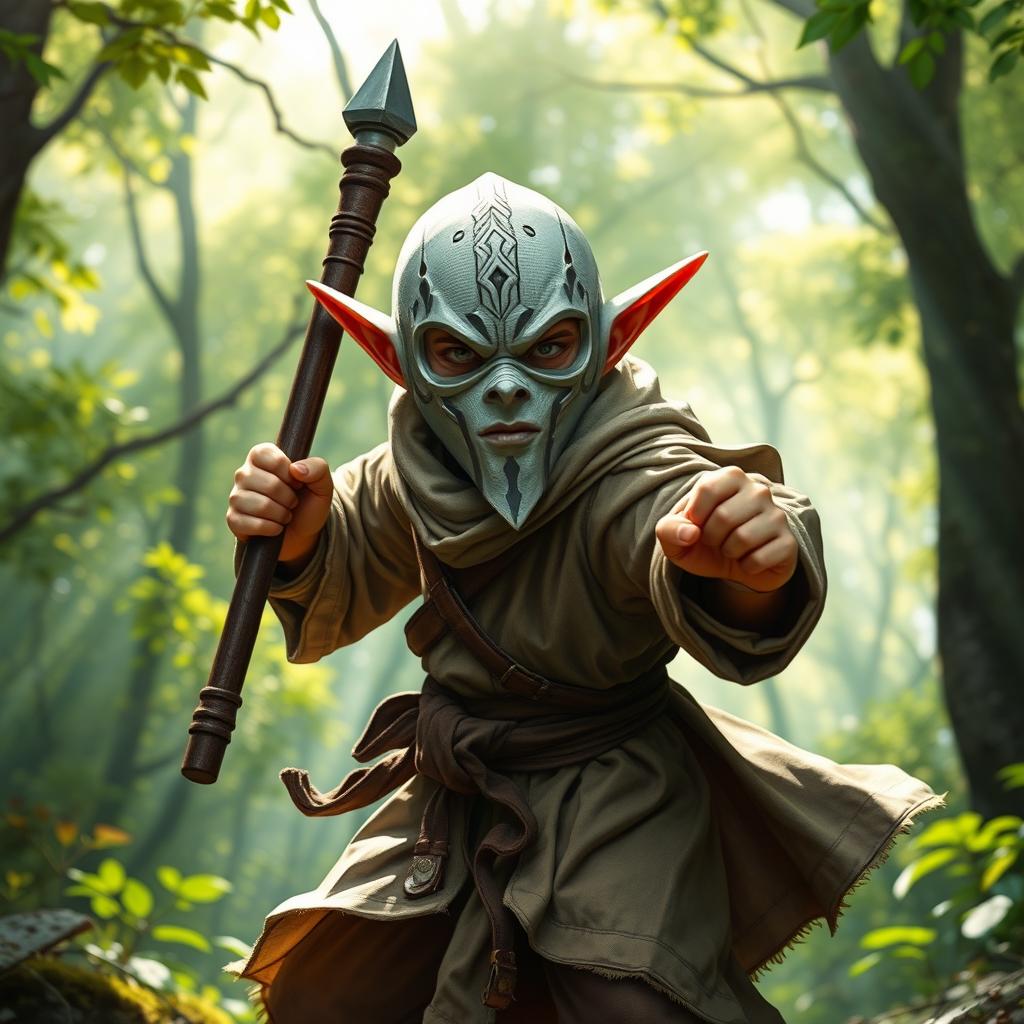 A halfling monk character from Dungeons and Dragons, featuring a striking white plastic mask inspired by styles in video games