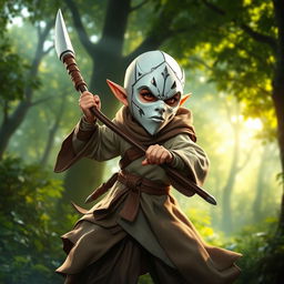 A halfling monk character from Dungeons and Dragons, featuring a striking white plastic mask inspired by styles in video games
