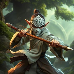 A halfling monk character from Dungeons and Dragons, featuring a striking white plastic mask inspired by styles from video games