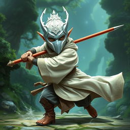 A halfling monk character from Dungeons and Dragons, featuring a striking white plastic mask inspired by styles from video games