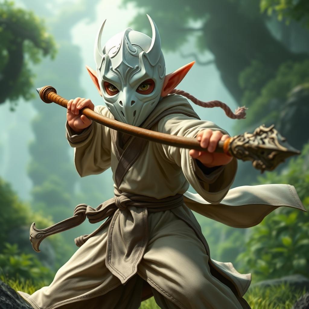 A halfling monk character from Dungeons and Dragons, featuring a striking white plastic mask inspired by styles from video games