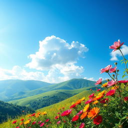 A visually stunning and attractive background featuring a serene natural landscape, complete with vibrant flowers in bloom, lush green hills, and a clear blue sky with fluffy white clouds