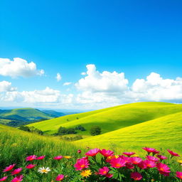 A visually stunning and attractive background featuring a serene natural landscape, complete with vibrant flowers in bloom, lush green hills, and a clear blue sky with fluffy white clouds