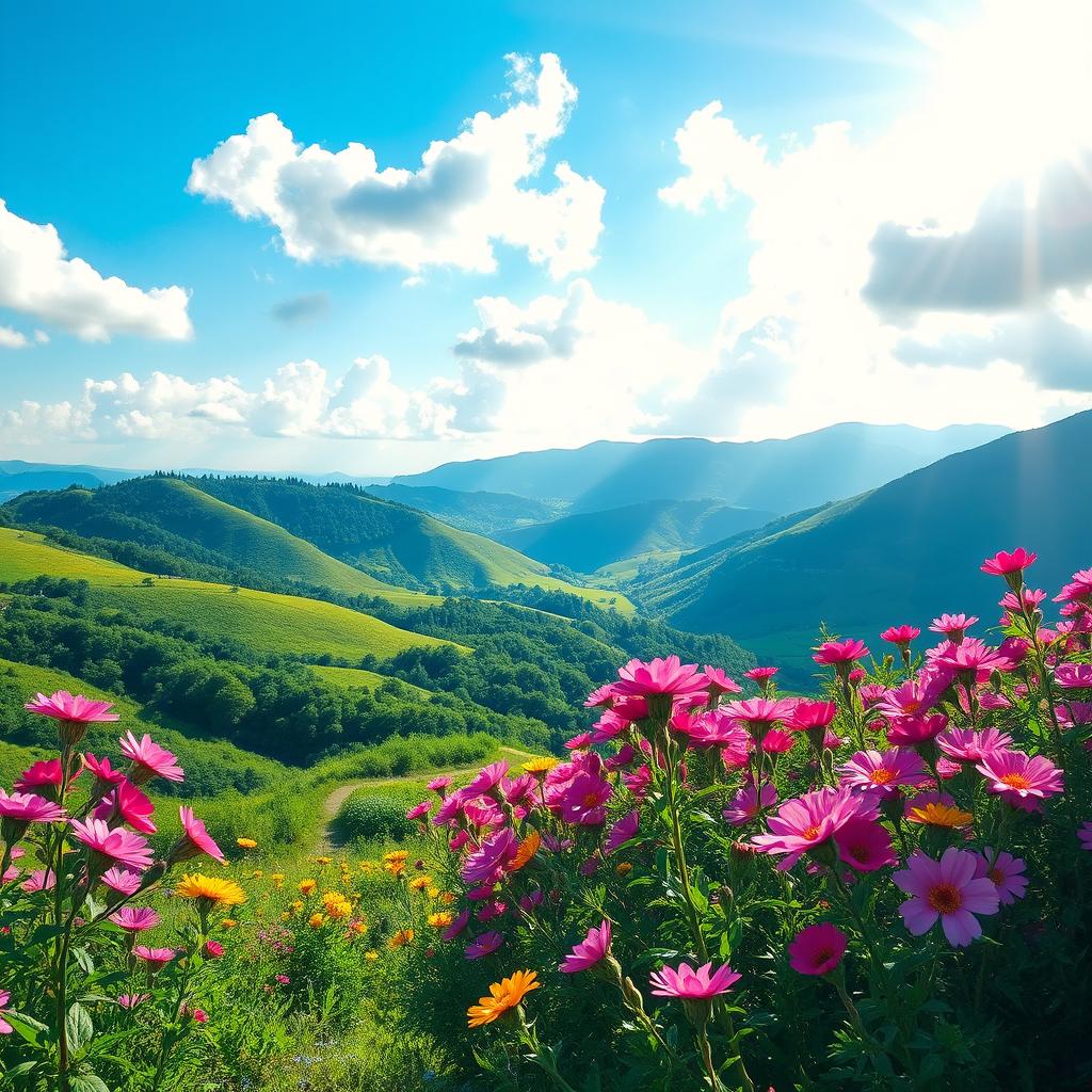 A visually stunning and attractive background featuring a serene natural landscape, complete with vibrant flowers in bloom, lush green hills, and a clear blue sky with fluffy white clouds