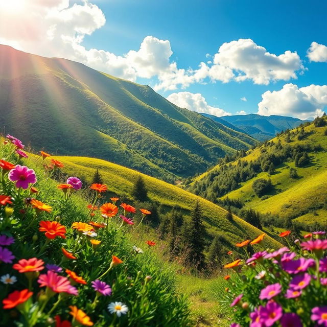 A visually stunning and attractive background featuring a serene natural landscape, complete with vibrant flowers in bloom, lush green hills, and a clear blue sky with fluffy white clouds