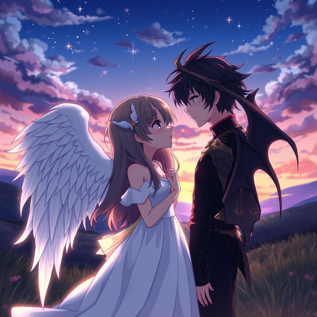 A romantic anime scene featuring an angel girl with long, flowing hair, dressed in an elegant white gown with delicate feathered wings, standing close to a demon boy with dark hair, sharp features, and bat-like wings