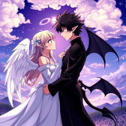 A romantic anime scene featuring an angel girl with long, flowing hair, dressed in an elegant white gown with delicate feathered wings, standing close to a demon boy with dark hair, sharp features, and bat-like wings