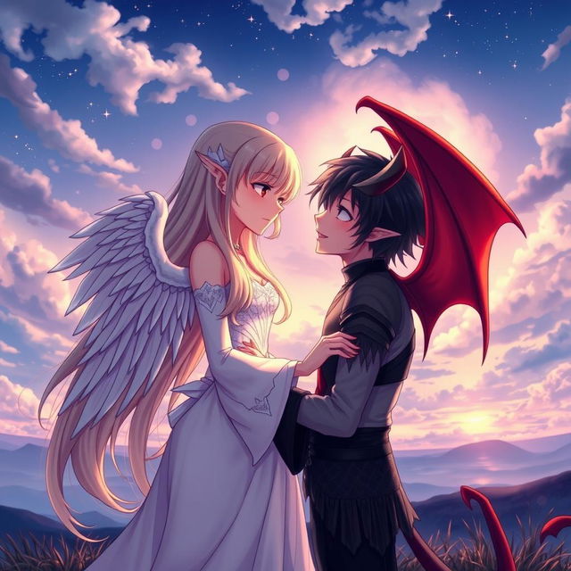 A romantic anime scene featuring an angel girl with long, flowing hair, dressed in an elegant white gown with delicate feathered wings, standing close to a demon boy with dark hair, sharp features, and bat-like wings