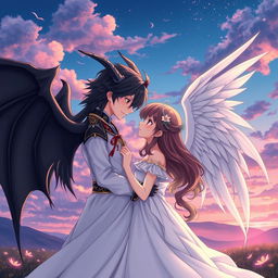 A romantic anime scene featuring an angel girl with long, flowing hair, dressed in an elegant white gown with delicate feathered wings, standing close to a demon boy with dark hair, sharp features, and bat-like wings