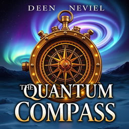 A book cover for the novel titled 'The Quantum Compass', featuring a steampunk-inspired Alethiometer in the foreground, intricately designed with brass gears, intricate detailing, and glowing elements