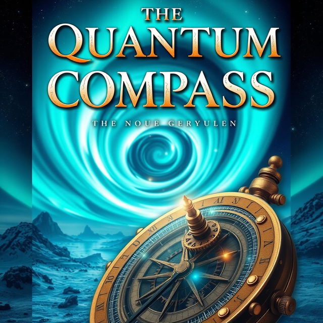 A book cover for the novel titled 'The Quantum Compass', featuring a steampunk-inspired Alethiometer in the foreground, intricately designed with brass gears, intricate detailing, and glowing elements