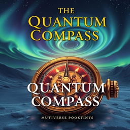 A book cover for the novel titled 'The Quantum Compass', featuring a steampunk-inspired Alethiometer in the foreground, intricately designed with brass gears, intricate detailing, and glowing elements