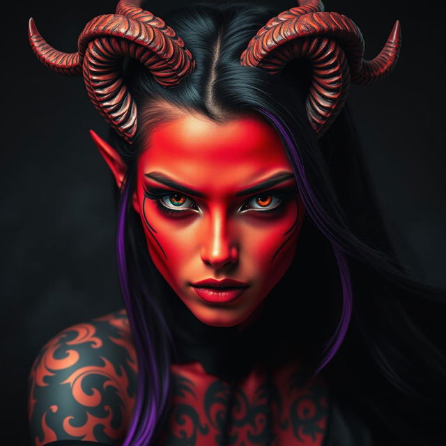 A captivating half-angle portrait of a striking demon girl with vivid red skin, curved horns protruding from her forehead, and mystical glowing eyes