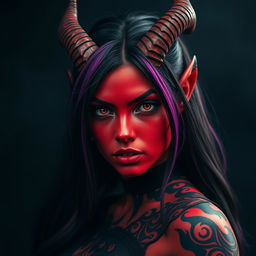 A captivating half-angle portrait of a striking demon girl with vivid red skin, curved horns protruding from her forehead, and mystical glowing eyes