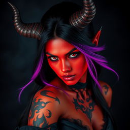 A captivating half-angle portrait of a striking demon girl with vivid red skin, curved horns protruding from her forehead, and mystical glowing eyes