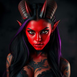 A captivating half-angle portrait of a striking demon girl with vivid red skin, curved horns protruding from her forehead, and mystical glowing eyes