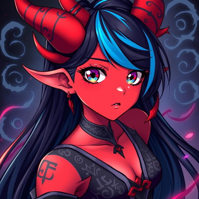 A vibrant half-angle portrait of a demon half-girl anime character