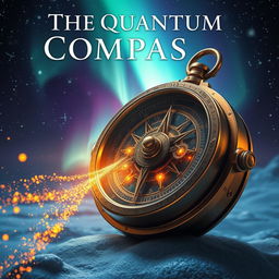 A captivating book cover for a novel titled "The Quantum Compass", featuring a glowing, intricate steampunk-inspired compass made of brass and gears