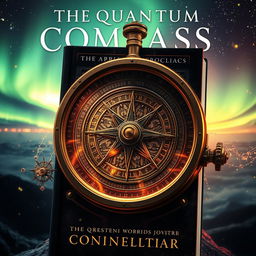 A captivating book cover for a novel titled "The Quantum Compass", featuring a glowing, intricate steampunk-inspired compass made of brass and gears