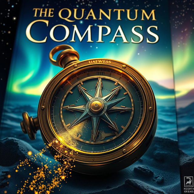 A captivating book cover for a novel titled "The Quantum Compass", featuring a glowing, intricate steampunk-inspired compass made of brass and gears