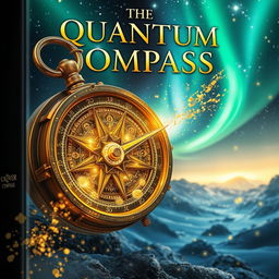 A captivating book cover for a novel titled "The Quantum Compass", featuring a glowing, intricate steampunk-inspired compass made of brass and gears