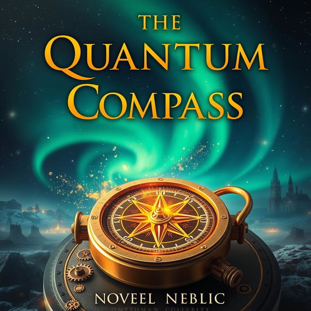 A stunning book cover for a novel titled 'The Quantum Compass', blending steampunk and science fiction elements