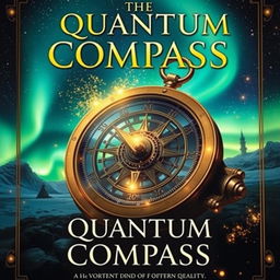 A stunning book cover for a novel titled 'The Quantum Compass', blending steampunk and science fiction elements