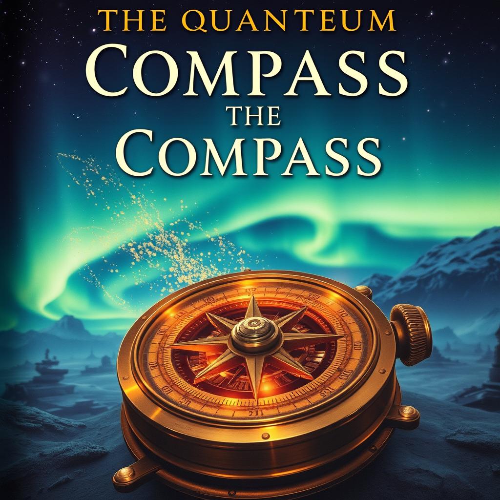 A stunning book cover for a novel titled 'The Quantum Compass', blending steampunk and science fiction elements