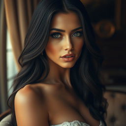 A stunning portrait of a woman with long dark hair and striking features, embodying the essence of beauty and glamour