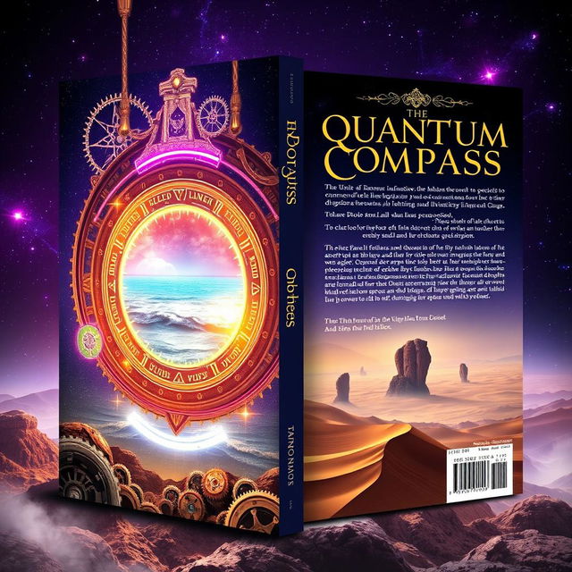 A front and back book cover for a novel titled 'The Quantum Compass'