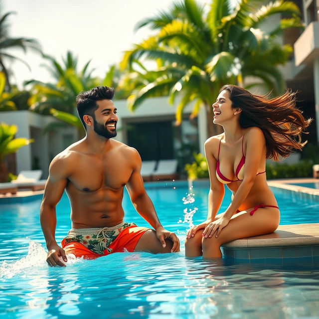 A vibrant scene depicting Indian cricketer Hardik Pandya and actress Ananya Panday enjoying a sunny day by a luxurious swimming pool