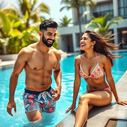 A vibrant scene depicting Indian cricketer Hardik Pandya and actress Ananya Panday enjoying a sunny day by a luxurious swimming pool