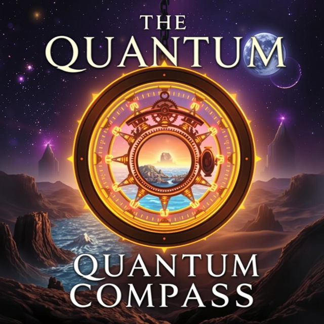 A front book cover for a novel titled "The Quantum Compass" featuring an intricate, glowing portal suspended in a mysterious landscape