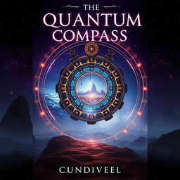 A front book cover for a novel titled "The Quantum Compass" featuring an intricate, glowing portal suspended in a mysterious landscape