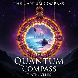 A front book cover for a novel titled "The Quantum Compass" featuring an intricate, glowing portal suspended in a mysterious landscape