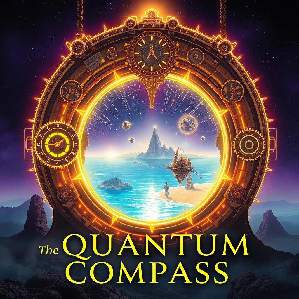 A front book cover for a novel titled "The Quantum Compass" featuring an intricate, glowing portal suspended in a mysterious landscape