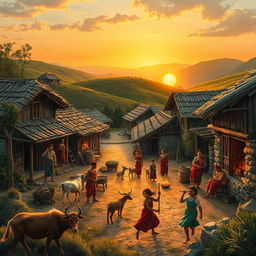 A nostalgic scene depicting life in ancient times without electricity, showcasing a quaint village with rustic houses made of wood and stone