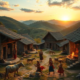 A nostalgic scene depicting life in ancient times without electricity, showcasing a quaint village with rustic houses made of wood and stone