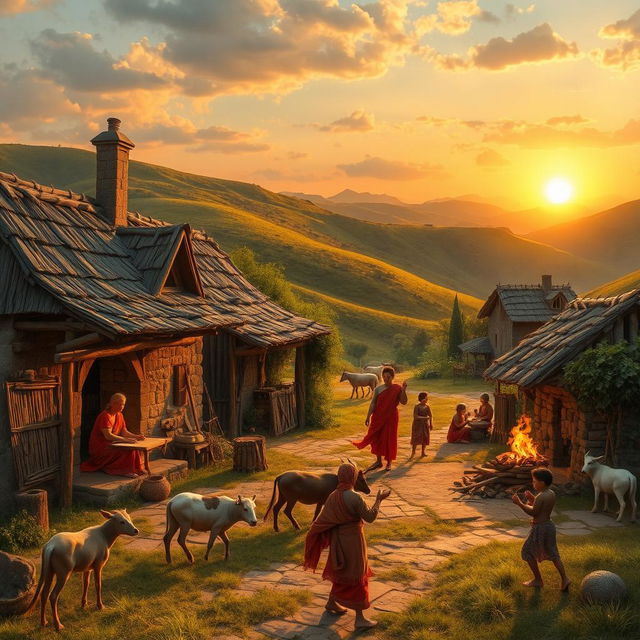 A nostalgic scene depicting life in ancient times without electricity, showcasing a quaint village with rustic houses made of wood and stone