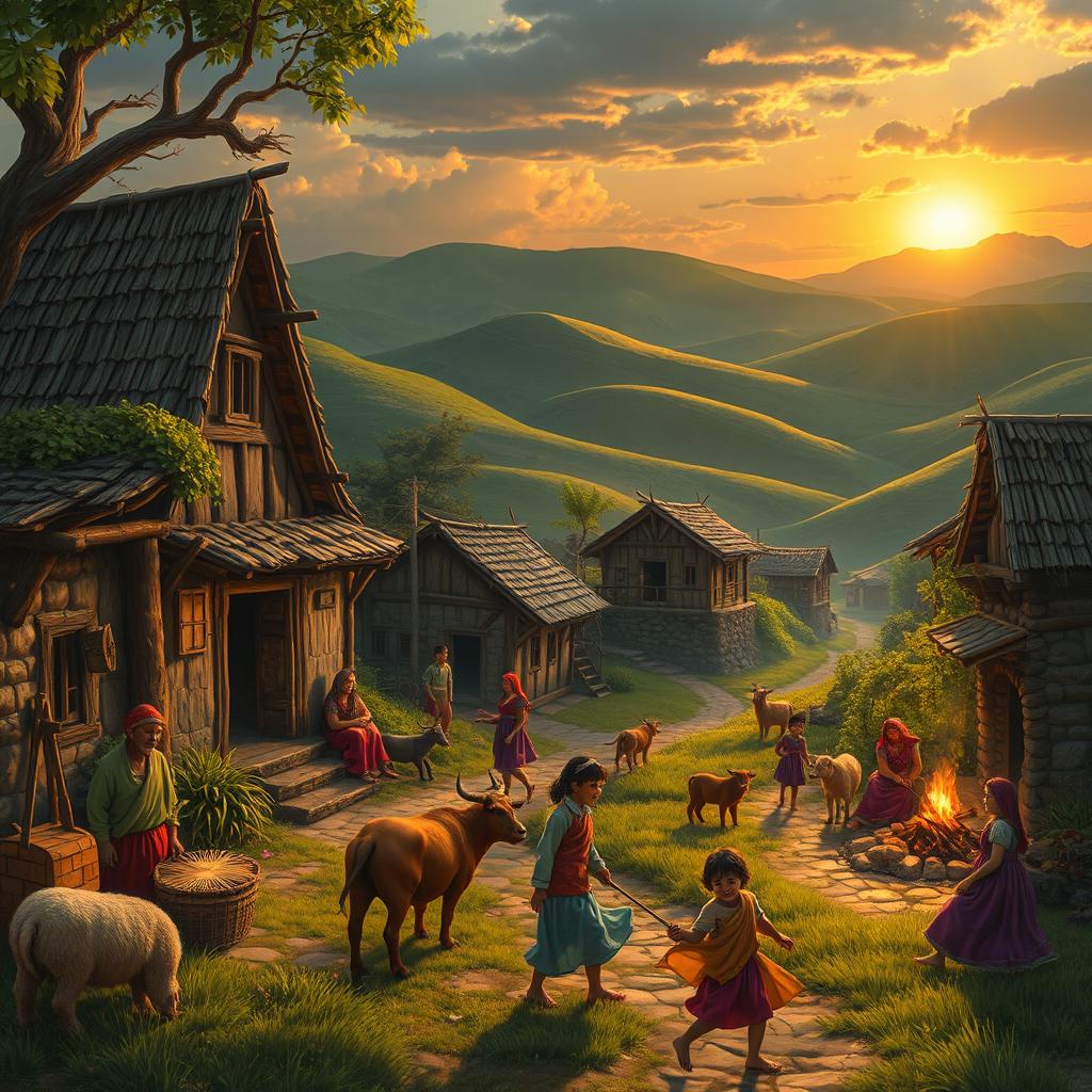 A nostalgic scene depicting life in ancient times without electricity, showcasing a quaint village with rustic houses made of wood and stone