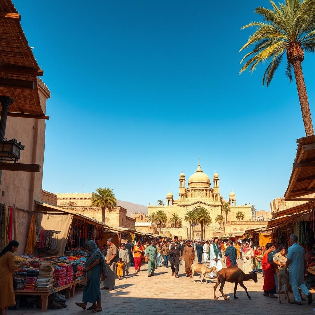 A picturesque scene set in ancient times, capturing a bustling marketplace with traders selling colorful fabrics and spices