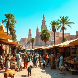 A picturesque scene set in ancient times, capturing a bustling marketplace with traders selling colorful fabrics and spices