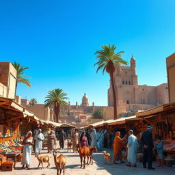 A picturesque scene set in ancient times, capturing a bustling marketplace with traders selling colorful fabrics and spices