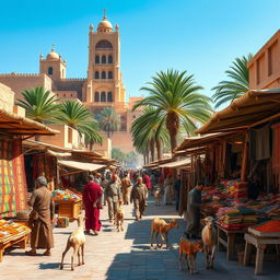A picturesque scene set in ancient times, capturing a bustling marketplace with traders selling colorful fabrics and spices