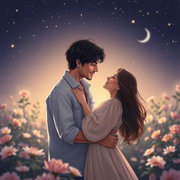 A romantic scene featuring a couple embracing under a starlit sky, surrounded by a softly illuminated garden filled with blooming flowers