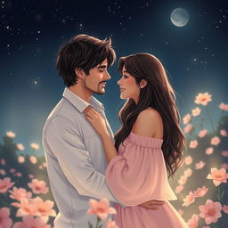 A romantic scene featuring a couple embracing under a starlit sky, surrounded by a softly illuminated garden filled with blooming flowers
