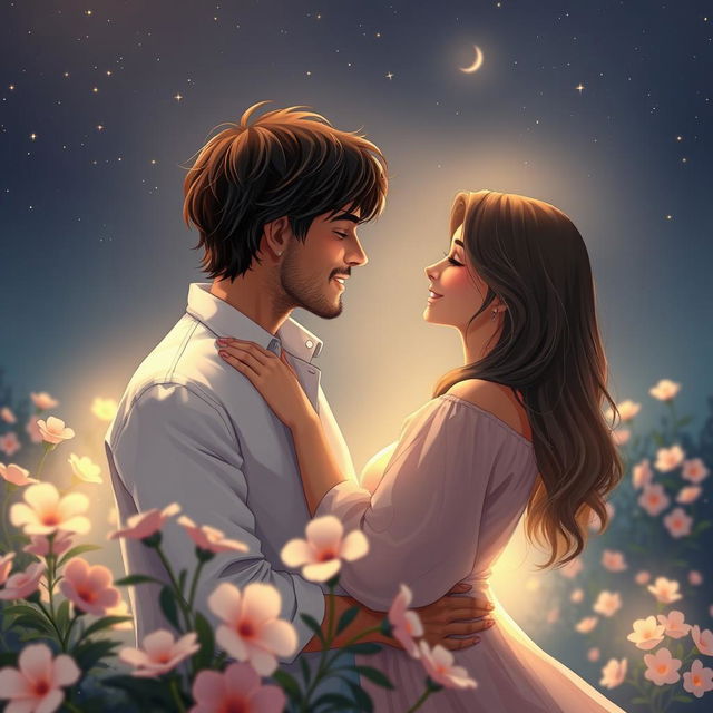 A romantic scene featuring a couple embracing under a starlit sky, surrounded by a softly illuminated garden filled with blooming flowers