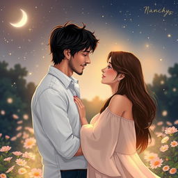 A romantic scene featuring a couple embracing under a starlit sky, surrounded by a softly illuminated garden filled with blooming flowers