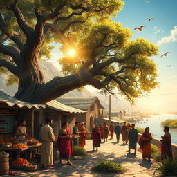An artistic representation of ancient life, showcasing a bustling market scene in a historical village